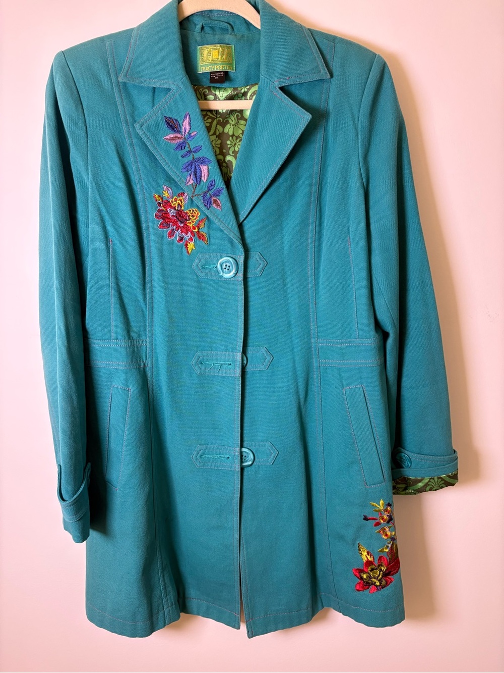 Tracy Porter Teal Embroidered Trench Coat